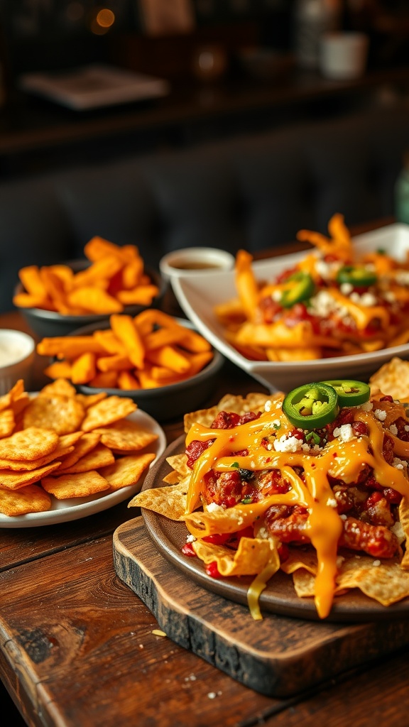 A colorful assortment of snacks including almond flour crackers, sweet potato fries, and cheesy nachos on a rustic table.